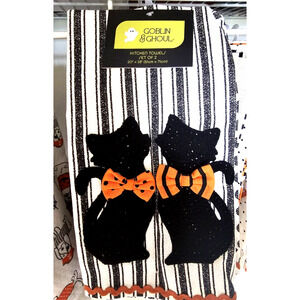 GHOUL & GOBLINS 2 PK Two Cats With Bows Crewel Embroidered Halloween